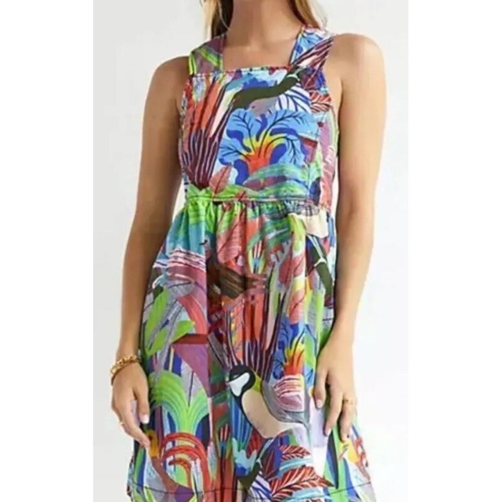 Anthropologie Orange Sigal Bird Palm Dress Elsa Pucker Crochet Swing Tropic Sz L